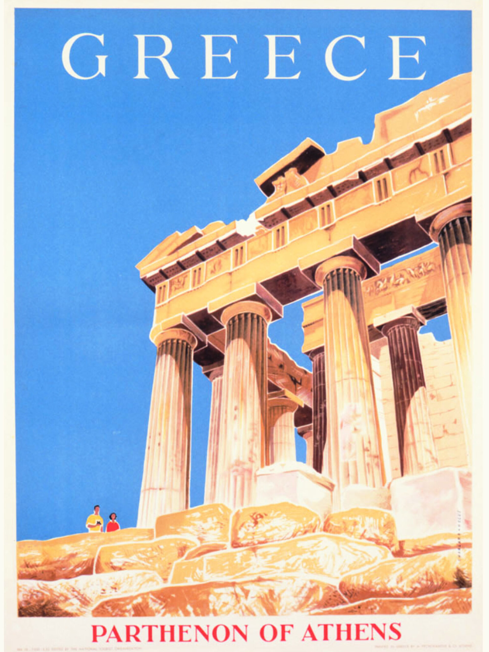 Παρθενώνας της Αθήνας, 1952 | Σχεδιαστές: Φίλιπ Σάρλαντ και Ντικ Νέγους. Αυτή η αφίσα προβολής της Ελλάδας απεικονίζει μια ζωγραφική αναπαράσταση ενός τμήματος του Παρθενώνα. Είναι έργο των διάσημων Βρετανών σχεδιαστών Φίλιπ Σάρλαντ και Ντικ Νέγους