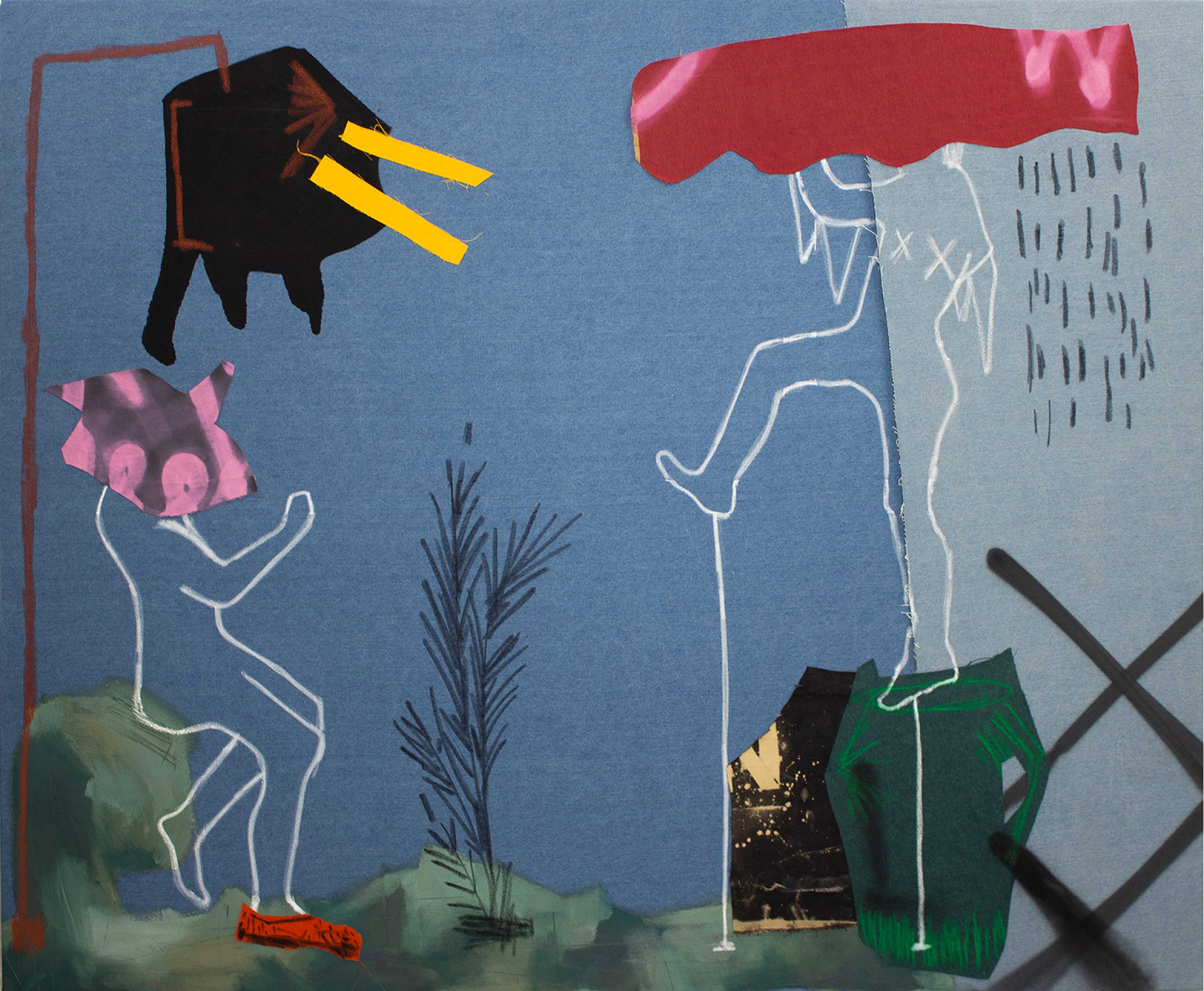 Ανέστης Ιωάννου - Applauder (140x170, 2024) acrylic, oil pastel, pencil, textile, spray paint and bleached denim on denim