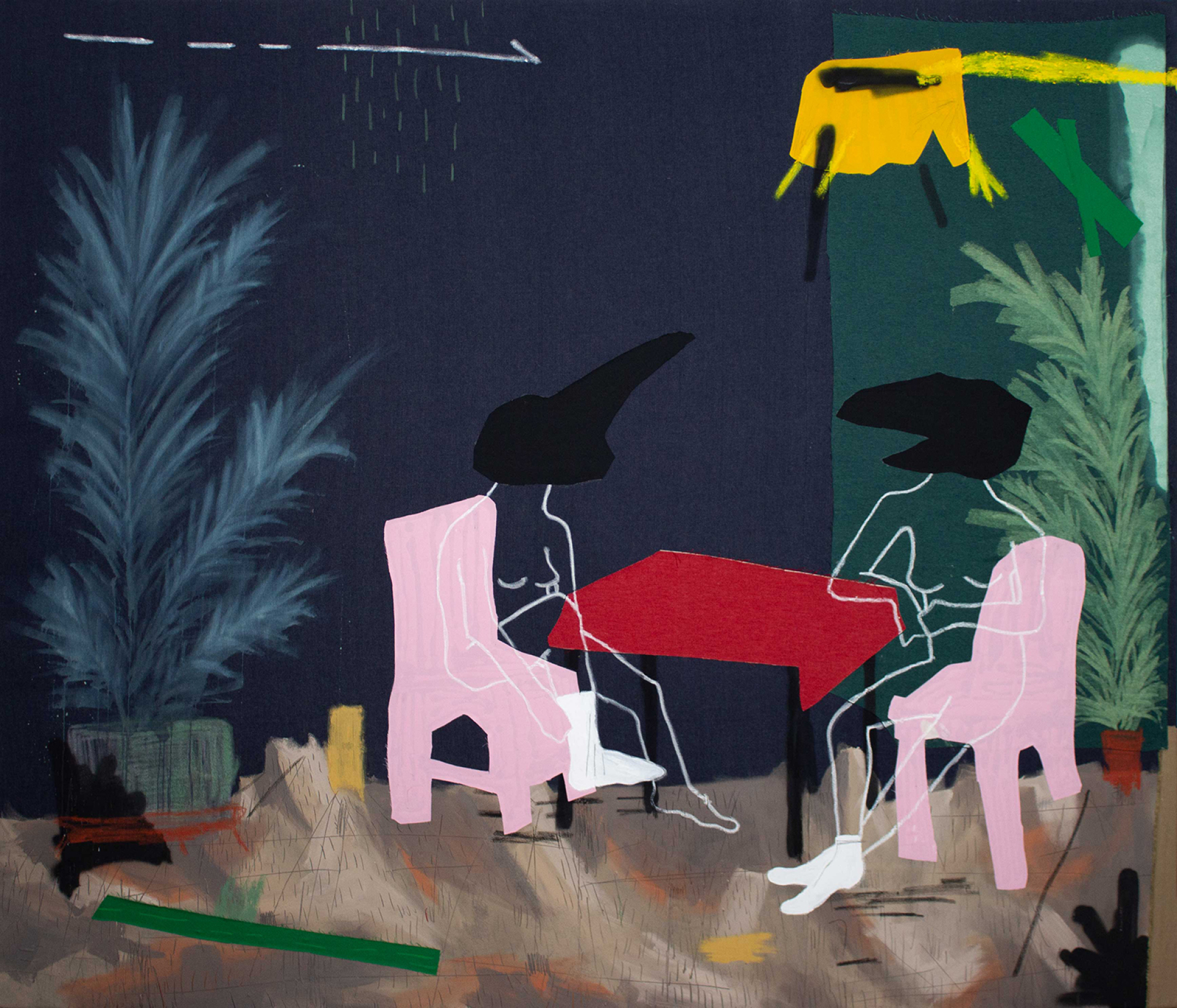 Ανέστης Ιωάννου - Birdmen Conversing on Red Table (180x210cm) acrylics, oil sticks, oil pastels, pencil, spray paint, textiles and bleached denim on denim (2025) © Courtesy of the artist and Crux Gallery