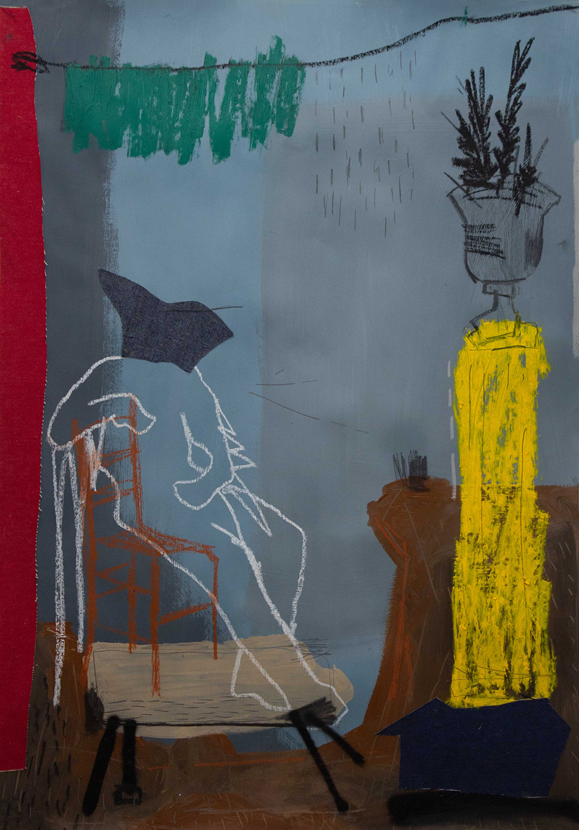 Ανέστης Ιωάννου - Drunk Birdman (2024), acrylics, pencil, charcoal, oilpastel, oilstick, spray paint, denim and textiles on paper (100x70cm)  © Courtesy of the artist and Crux Gallery