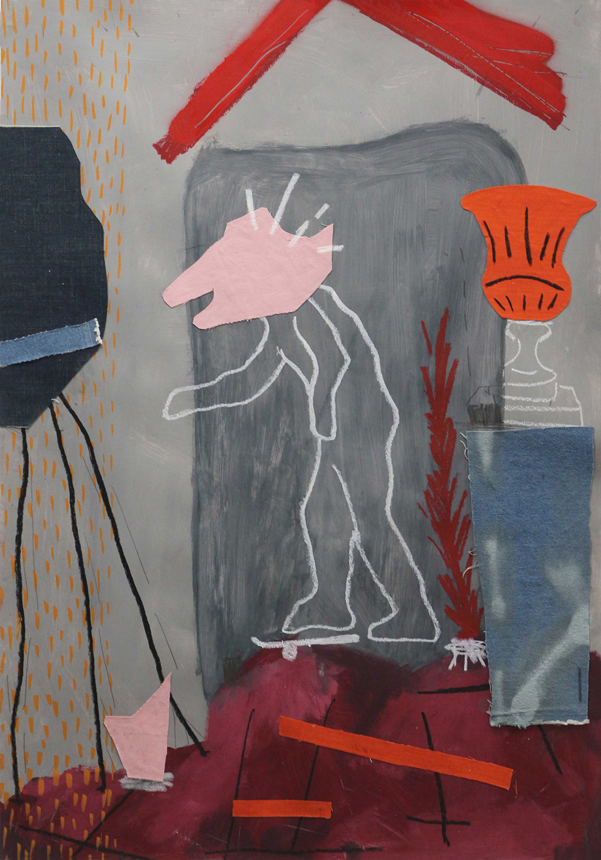 Ανέστης Ιωάννου - Man dancing Study I (70x100cm), acrilycs, pencil, oil pastel, spraypaint and textiles on paper (2024) © Courtesy of the artist and Crux Gallery