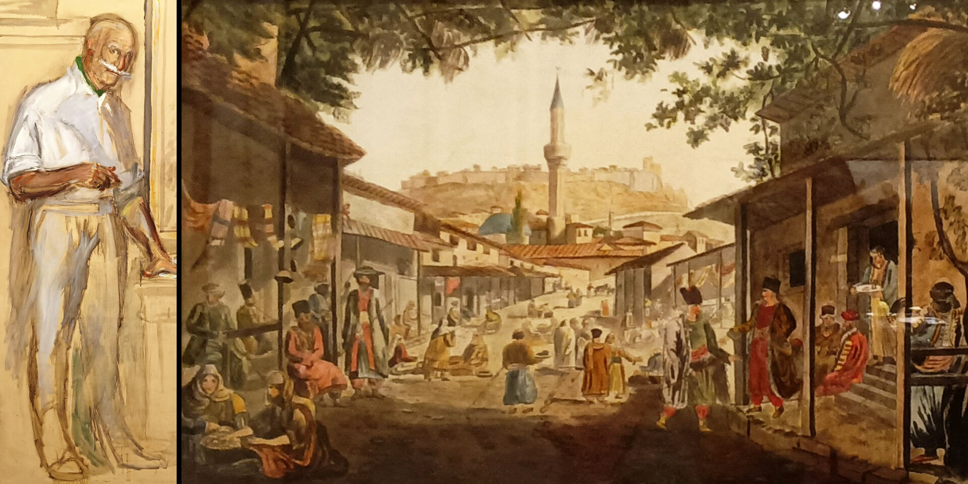 Από αριστερά: Αντώνης Μπενάκης, έργο του Παναγιώτη Τέτση | «Το Παζάρι της Αθήνας», υδατογραφία του Έντουαρντ Ντόντουελ, αρχές 19ου αι.