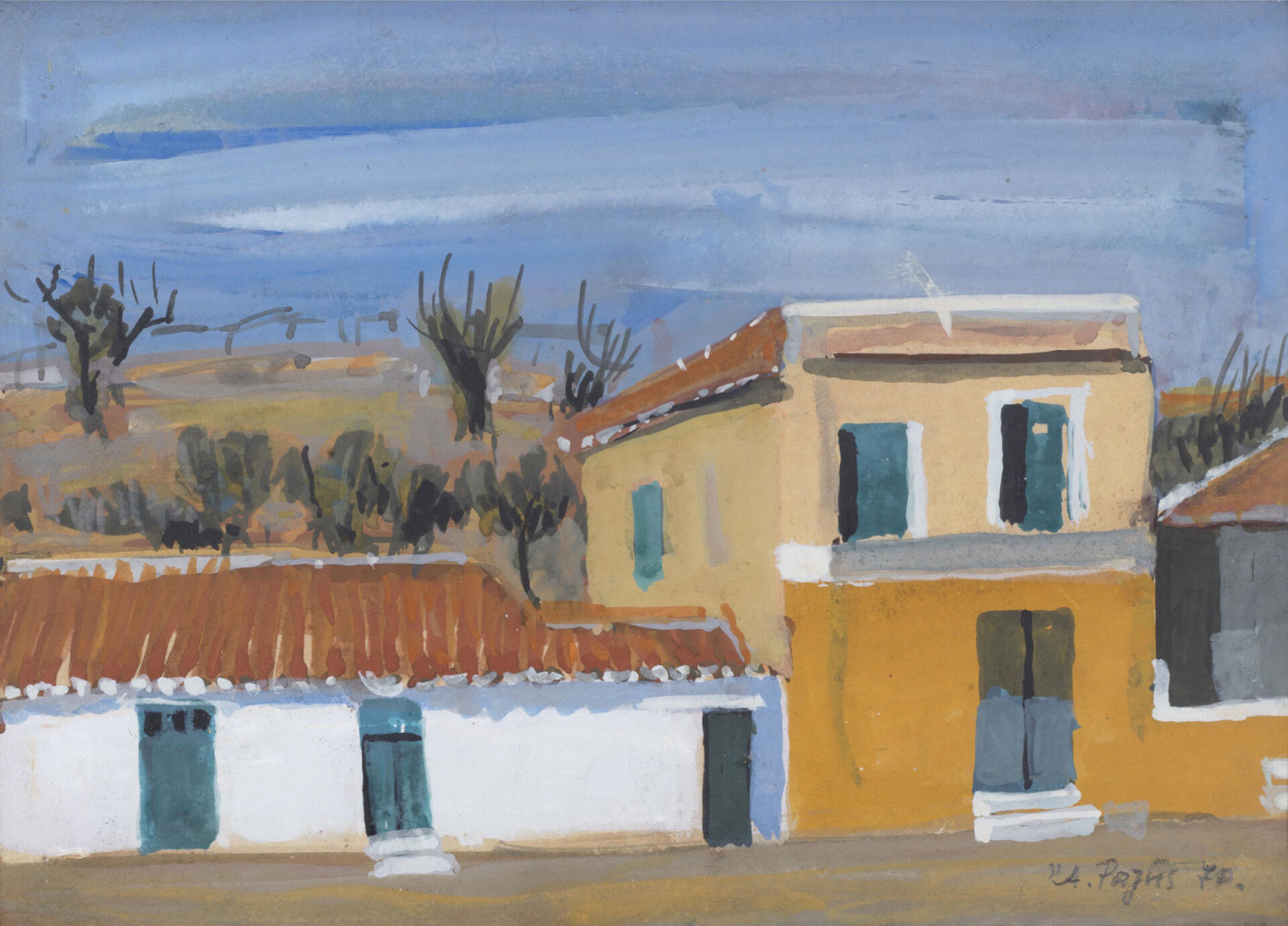 Άγγελος Ραζής | Σπίτια στο λιμάνι, τέμπερα σε χαρτί, 1970, ιδιωτική συλλογή