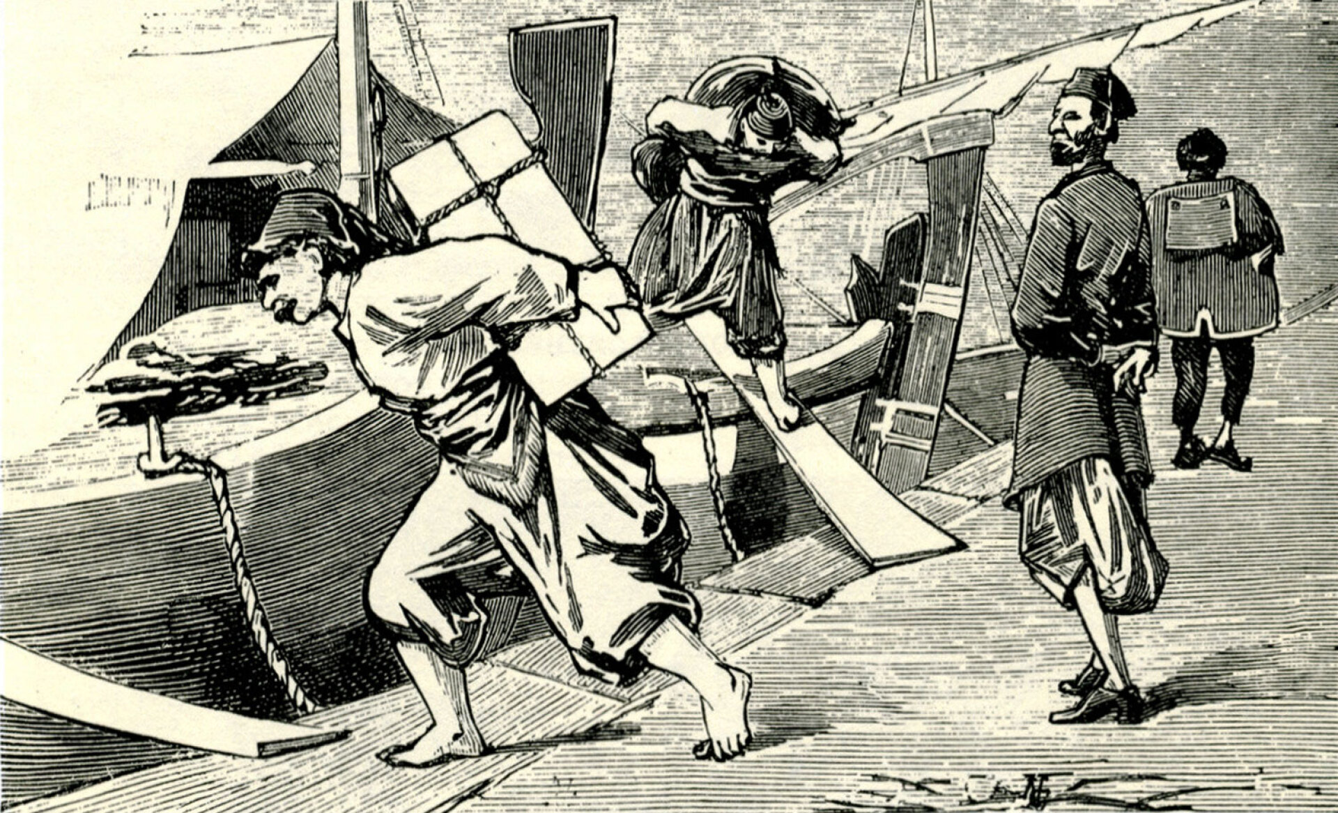 Αχθοφόροι στο λιμάνι του Πειραιά,19ος αιώνας | Ανώνυμη γκραβούρα που περιλαμβάνεται στην έκδοση του A. Nicolas, «1842 - 1885: Ελλάδα Εικονογραφημένη - Μια πλήρης συλλογή Ιστορικών Τοπογραφικών και Καλλιτεχνικών Ντοκουμέντων»