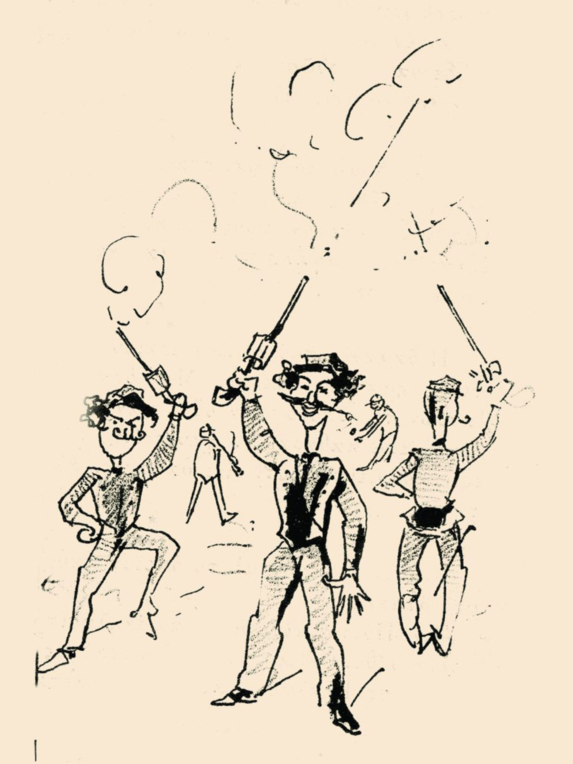 Σκίτσο δημοσιευμένο στην εφημερίδα «Το Άστυ» που διακωμωδεί το έθιμο των πυροβολισμών κατά τις εορτάσιμες ημέρες, όπως αναφέρει ο Ελευθέριος Σκιαδάς στα Αθηναϊκά