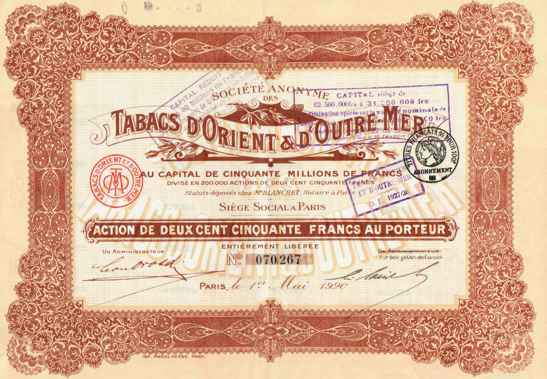 Μετοχή της Tabacs d’ Orient et d’ Outre-Mer με ημερομηνία έκδοσης την 1η Μαΐου 1920.