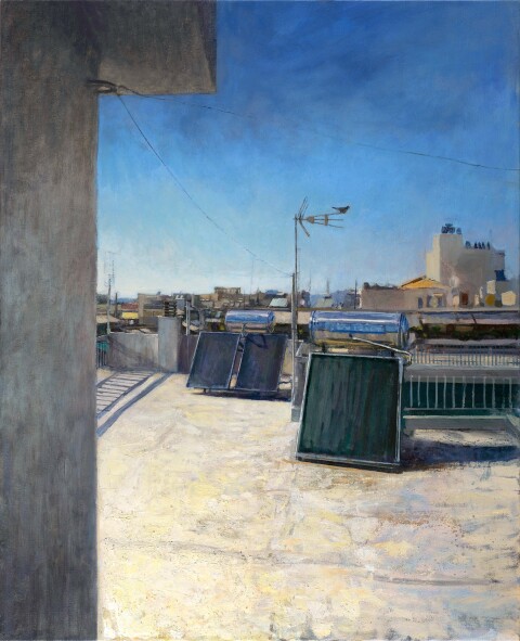 Αντώνης Σκαμπαβιρίας - «Πέρα από το μπετόν» στη Γκαλερί Σκουφά: Το έργο του «Ταράτσα στο Νέο Κόσμο», 81x100