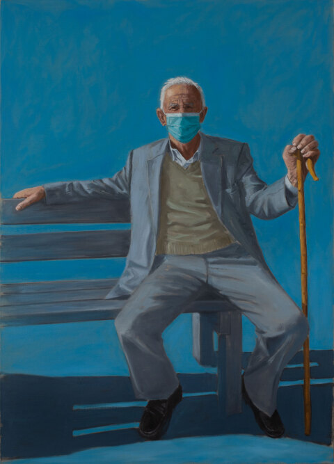 Πίνακας ζωγραφικής "Wondering" με ηλικιωμένο άντρα με μαγκούρα και μάσκα στο πρόσωπο καθισμένο σε παγκάκι