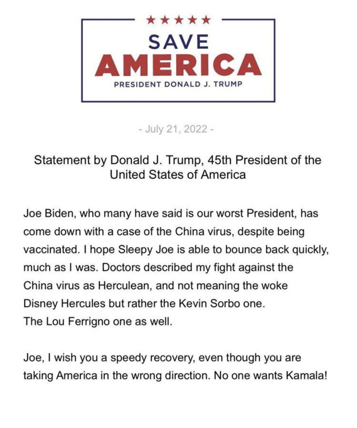 Η δήλωση του Ντόναλντ Τραμπ για τον Τζο Μπάιντεν που έχει κορωνοϊό