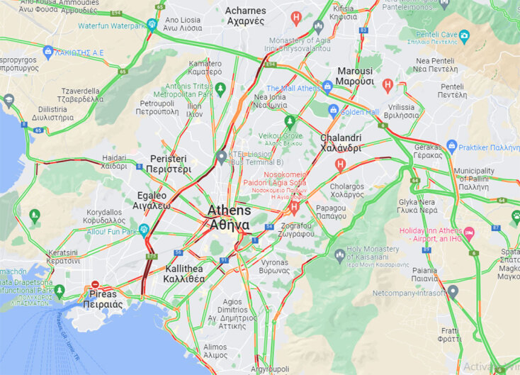 Ο χάρτης με την κίνηση τώρα στους δρόμους της Αθήνας και της Αττικής