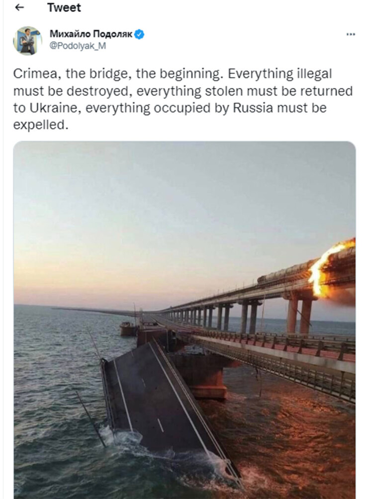 Το tweet του συμβούλου του Ζελένσκι για την έκρηξη και τη φωτιά στη γέφυρα της Κριμαίας