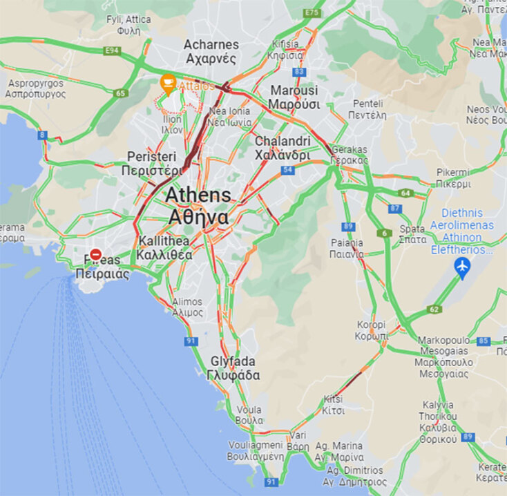 Ο χάρτης με την κίνηση στους δρόμους της Αθήνας το πρωί της Πέμπτης (13/10)