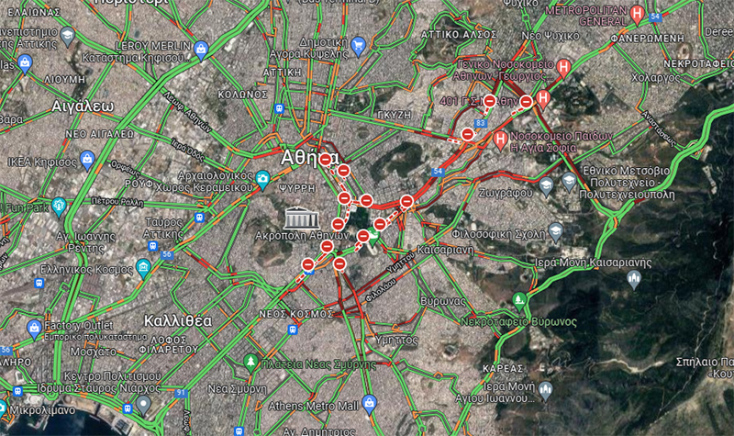 Χάρτης με την κίνηση στους δρόμους της Αθήνας