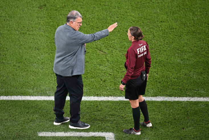 Stephanie Frappart after the penalty decision through the Video Assistant Referee during the FIFA World Cup Qatar 2022 Group C match between Mexico and Poland at Stadium 974 on November 22, 2022 in Doha, Qatar. (Photo by Stuart Franklin/Getty Images)