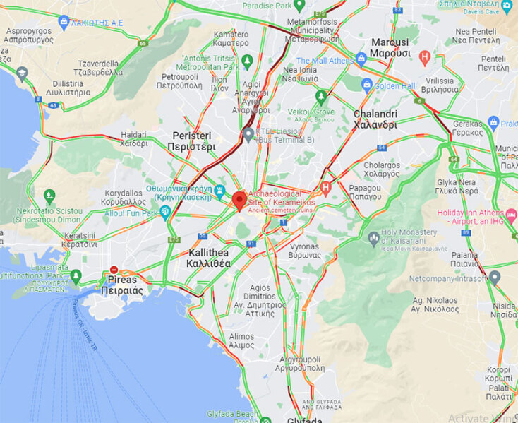 Χάρτης με την κίνηση στους δρόμους της Αττικής το πρωί της Πέμπτης (24/11)