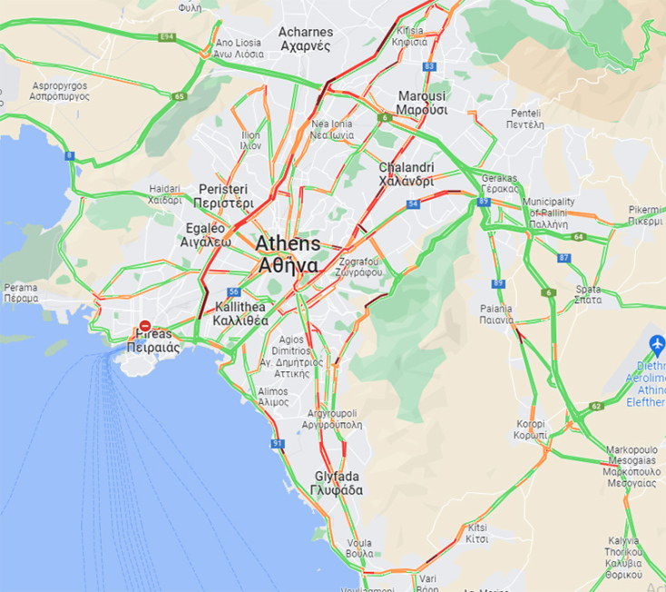 Χάρτης με την κίνηση στους δρόμους της Αθήνας το απόγευμα της Παρασκευής (16/12)