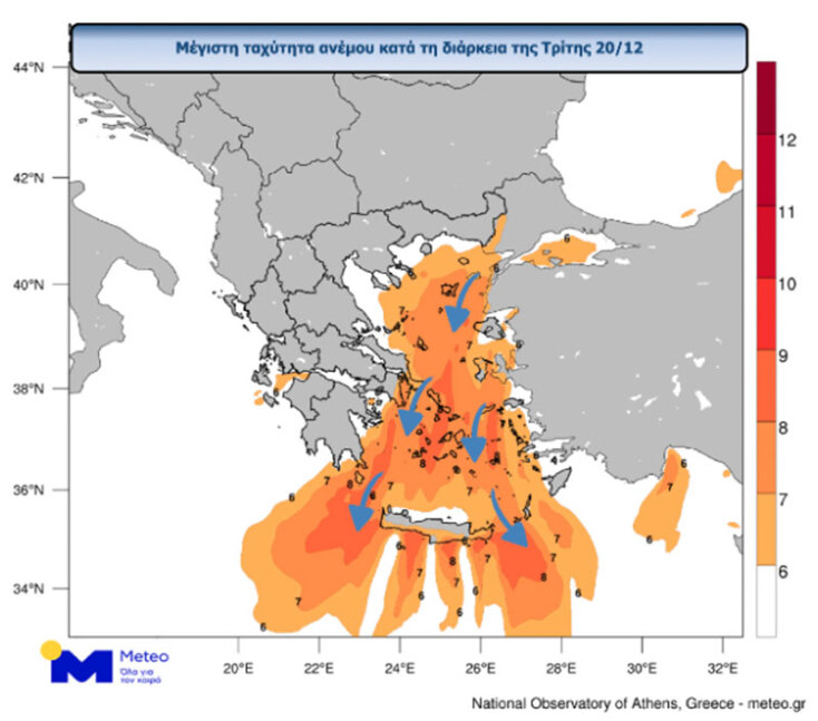 Χάρτης που παρουσιάζει τις περιοχές με τους πιο ισχυρούς ανέμους που αναμένονται κατά τη διάρκεια της Τρίτης (20/12)