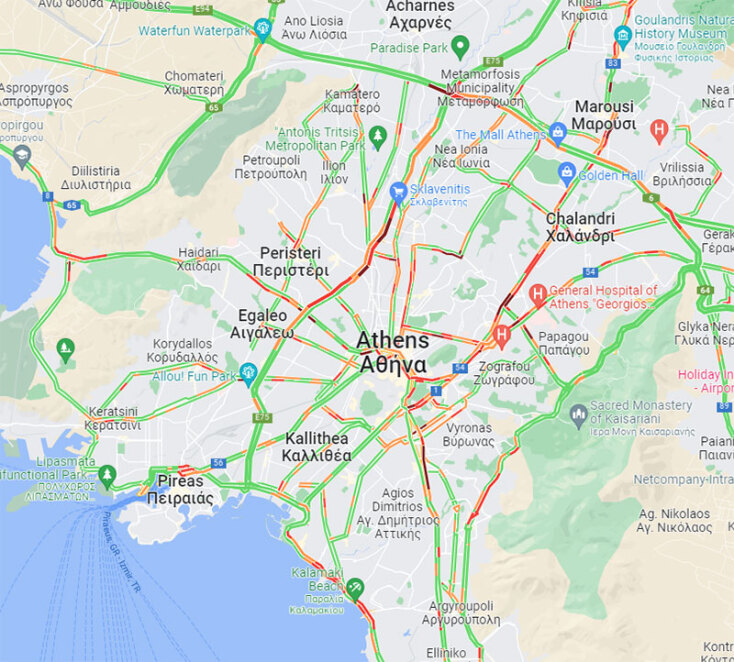 Χάρτης με την κυκλοφορία στους δρόμους της Αθήνας το πρωί της Τετάρτης (18/01)
