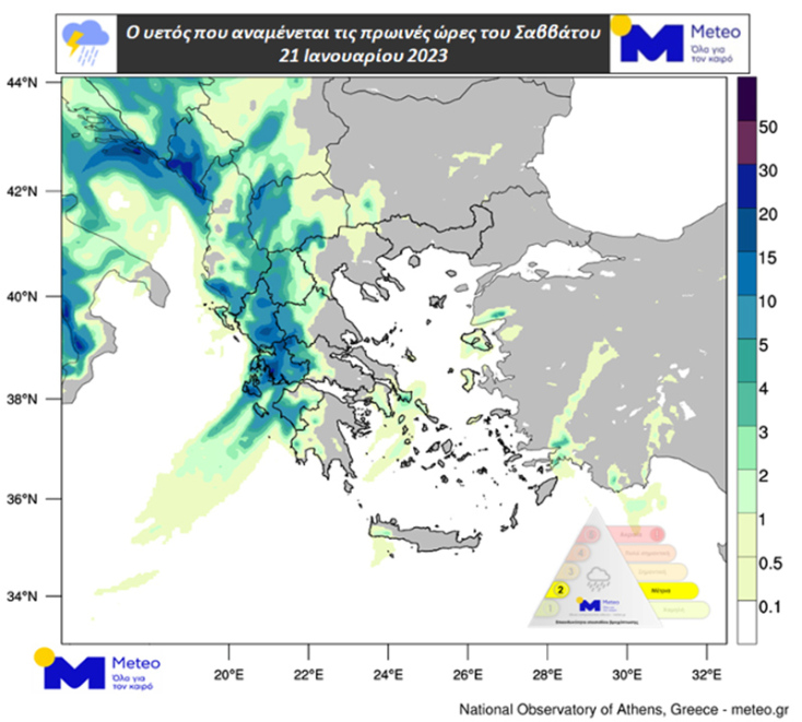 Χάρτης με τον υετό (βροχή/χιόνι) που αναμένεται τις πρωινές ώρες του Σαββάτου
