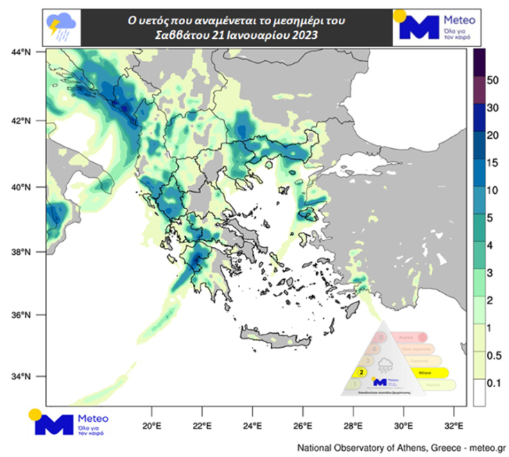 Χάρτης με τον υετό (βροχή/χιόνι) που αναμένεται το μεσημέρι του Σαββάτου