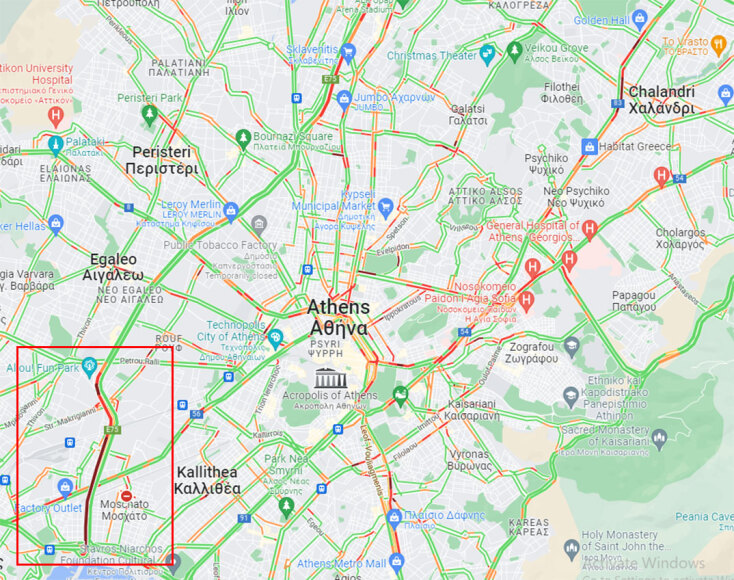 Χάρτης με το μποτιλιάρισμα στον Κηφισό και σε άλλους δρόμους της Αττικής
