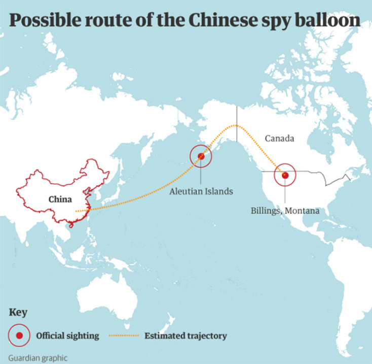 Γράφημα που απεικονίζει την πιθανή πορεία του κινεζικού κατασκοπευτικού μπαλονιού