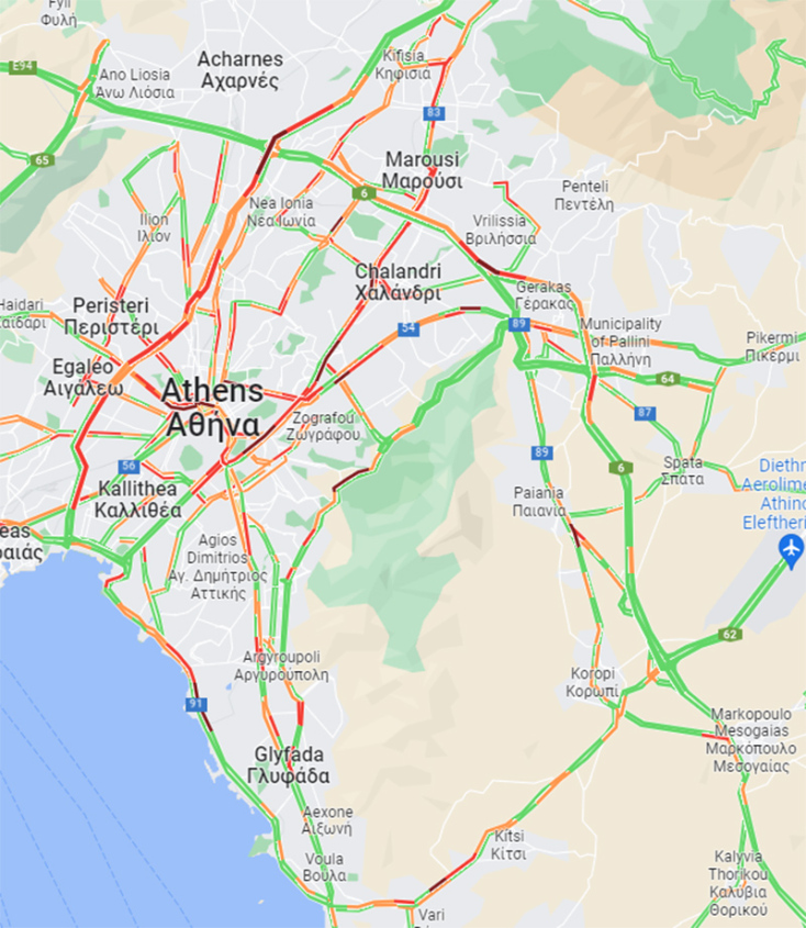 Χάρτης με την κίνηση στους δρόμους της Αθήνας το απόγευμα της Παρασκευής (10.02)