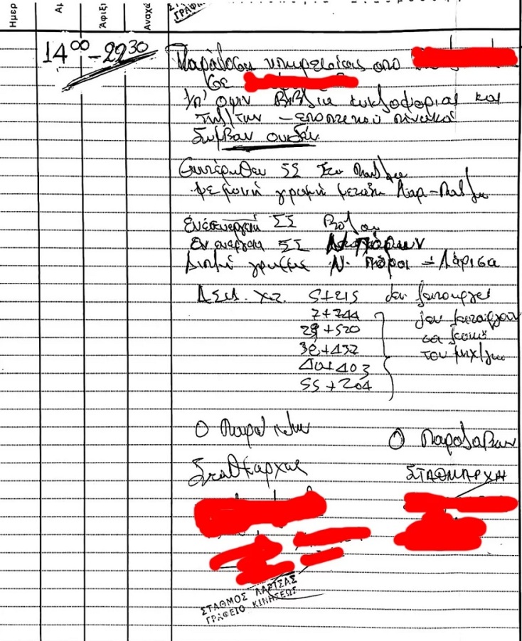 Τέμπη: Φωτογραφία-ντοκουμέντο με τη διόρθωση με blanco της ώρας αποχώρησης των σταθμαρχών