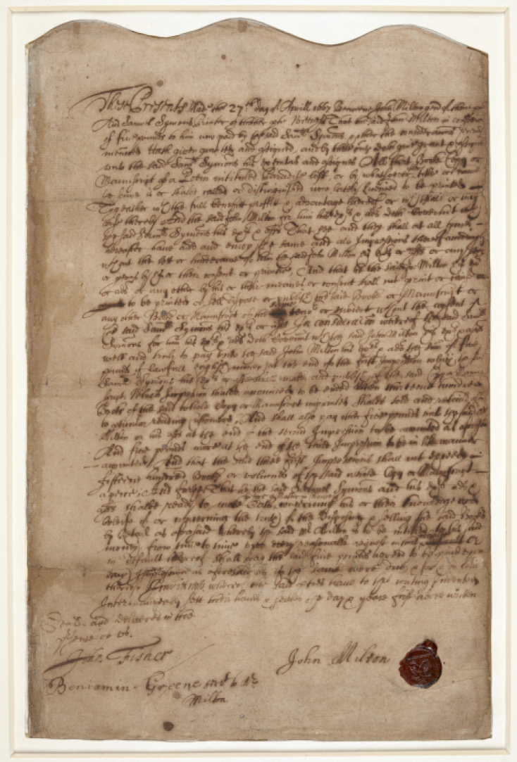 Tο συμβόλαιο μεταξύ Τζον Μίλτον και Σάμουελ Σίμονς για τον «Χαμένο Παράδεισο»