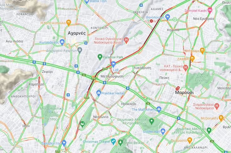 Χάρτης με την κίνηση στον Κηφισό © Google Maps