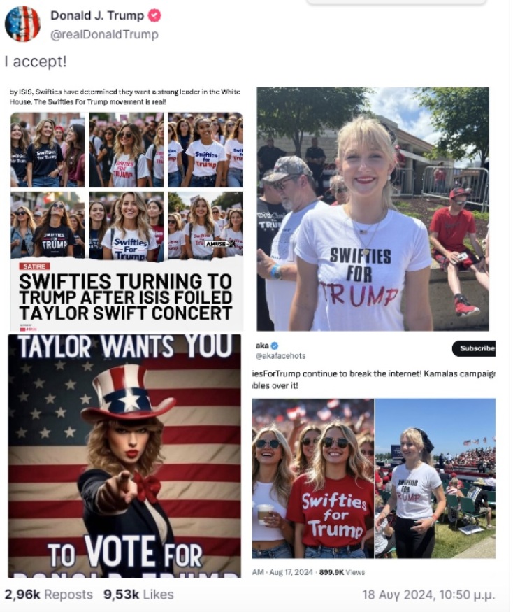 «Swifties for Trump»: Ο Ντόναλντ Τραμπ «κερδίζει» τους οπαδούς της Τέιλορ Σουίφτ με fake αναρτήσεις