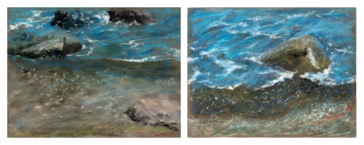 Lot137, Χρύσα Βέργη, Θάλασσα και βράχια (δίπτυχο), παστέλ σε χαρτόνι, 16 Χ 19 cm, Εκτίμηση €800-1.200