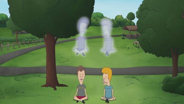 δυο νεαροι καρτουν καθονται στο εδαφος, δεντρα, φαντασματα