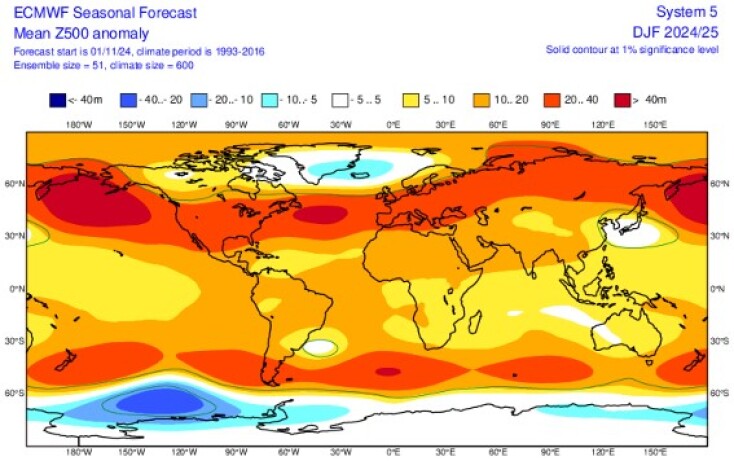 Προγνωστικοί χάρτες του ECMWF και του C3Smulti-modelsystem με τις αποκλίσεις των γεωδυναμικών υψών στα 500hPa για τον χειμώνα 2024-2025 (3-monthaverage), με αρχικές τιμές της 01/11/2024