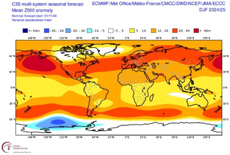 Προγνωστικοί χάρτες του ECMWF και του C3Smulti-modelsystem με τις αποκλίσεις των γεωδυναμικών υψών στα 500hPa για τον χειμώνα 2024-2025 (3-monthaverage), με αρχικές τιμές της 01/11/2024