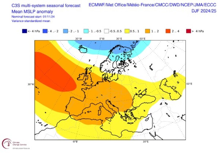 Προγνωστικοί χάρτες του ECMWF και του C3Smulti-modelsystem με τις αποκλίσεις των γεωδυναμικών υψών στα 500hPa για τον χειμώνα 2024-2025 (3-monthaverage), με αρχικές τιμές της 01/11/2024