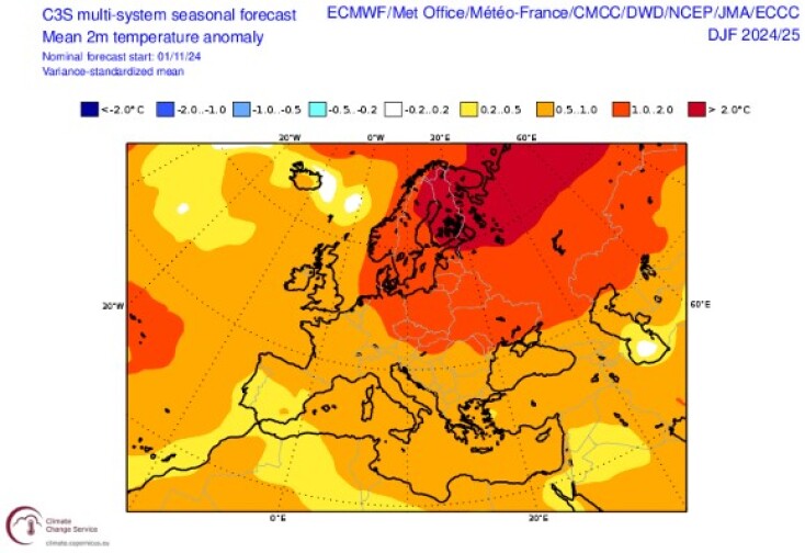 Προγνωστικοί χάρτες του ECMWF και του C3S multi-modelsystem με τις αποκλίσεις της θερμοκρασίας για τον χειμώνα 2024-2025 (3-month average), με αρχικές τιμές της 01/11/2024