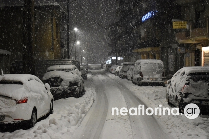 Τα χιόνια κάλυψαν δρόμους και αυτοκίνητα στη Φλώρινα