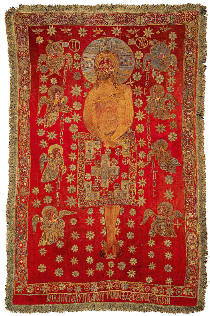 Επιτάφιος του Μιχαήλ του Κυπριανού, κέντημα, μετάξι, αργυρόνημα και επίχρυσο μεταλλικό νήμα, 1300-1330, Κωνσταντινούπολη (;). Πηγή: Princeton University Art Museum, δωρεά του κ. Sherley W. Morgan και της κ. Morgan