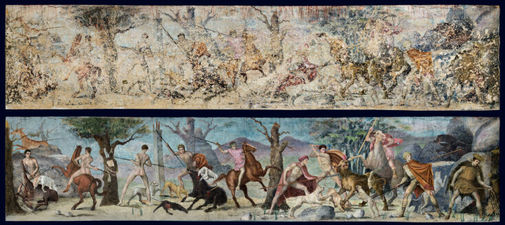 Πρόσοψη Τάφου Φιλίππου Β’. Η τοιχογραφία με το κυνήγι (πριν) & Ψηφιακή αποκατάσταση της τοιχογραφίας βασιζόμενη στα αποτελέσματα του έργου ReVis (μετά)