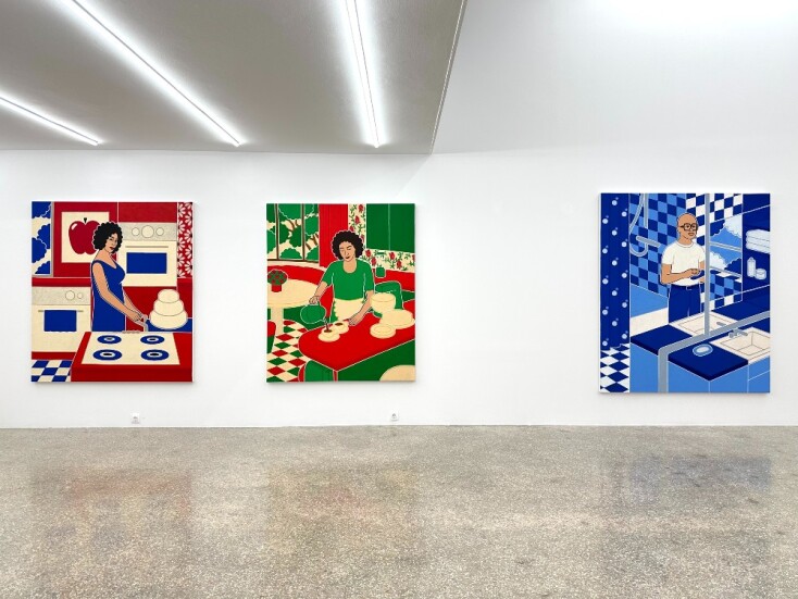 Από αριστερά στα δεξιά: "The Apple For My Eye" (2025), "Tea For Two" (2024), "The Reflection" (2025), λαδοπαστέλ σε καμβά