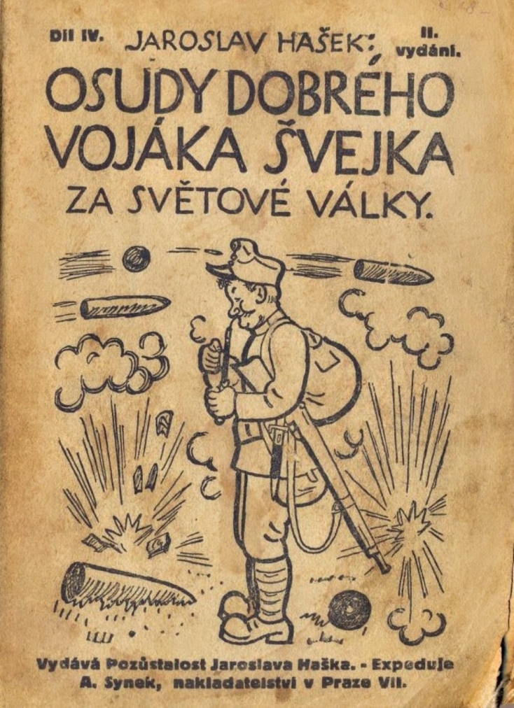 Εξώφυλλο του μυθιστορήματος «Ο καλός στρατιώτης Σβέικ» κατά την πρώτη του κυκλοφορία στην Τσέχικη γλώσσα, φιλοτεχνημένο από τον Τσέχο μεγάλο εικονογράφο Γιόζεφ Λάντα.