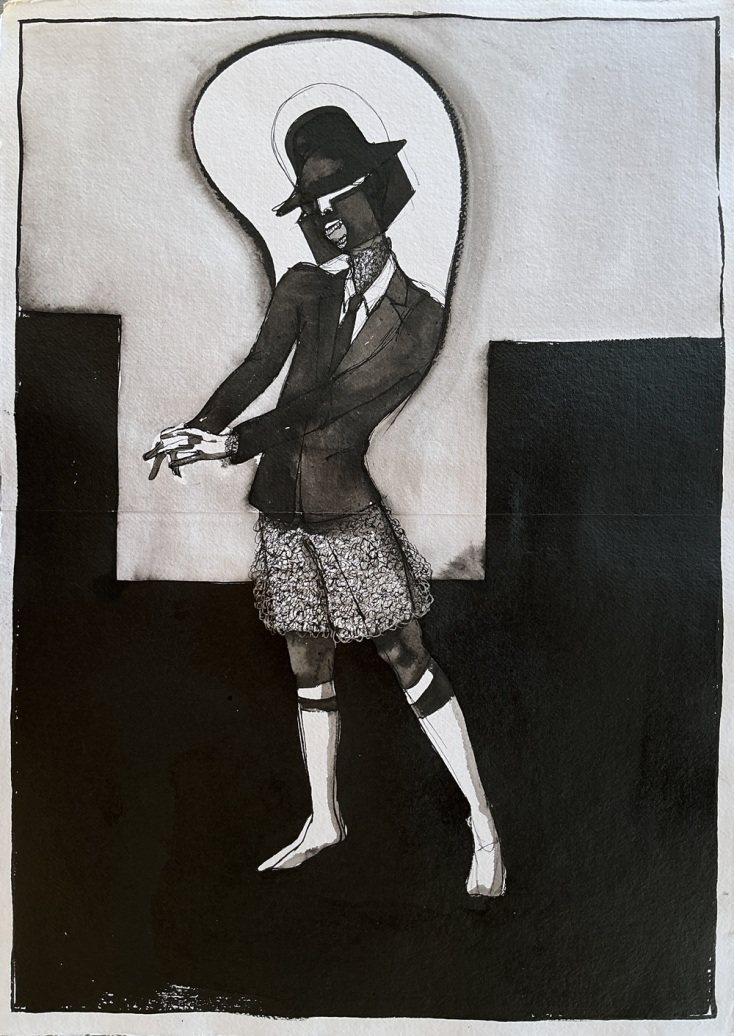 Βασίλης Παπατσαρούχας, ζωγραφική μακέτα με σινική μελάνη σε χειροποίητο χαρτί για τον σκηνικό κόσμο της παράστασης «Εκείνος που έκλεψε τη μέρα και το πλήρωσε τη νύχτα»