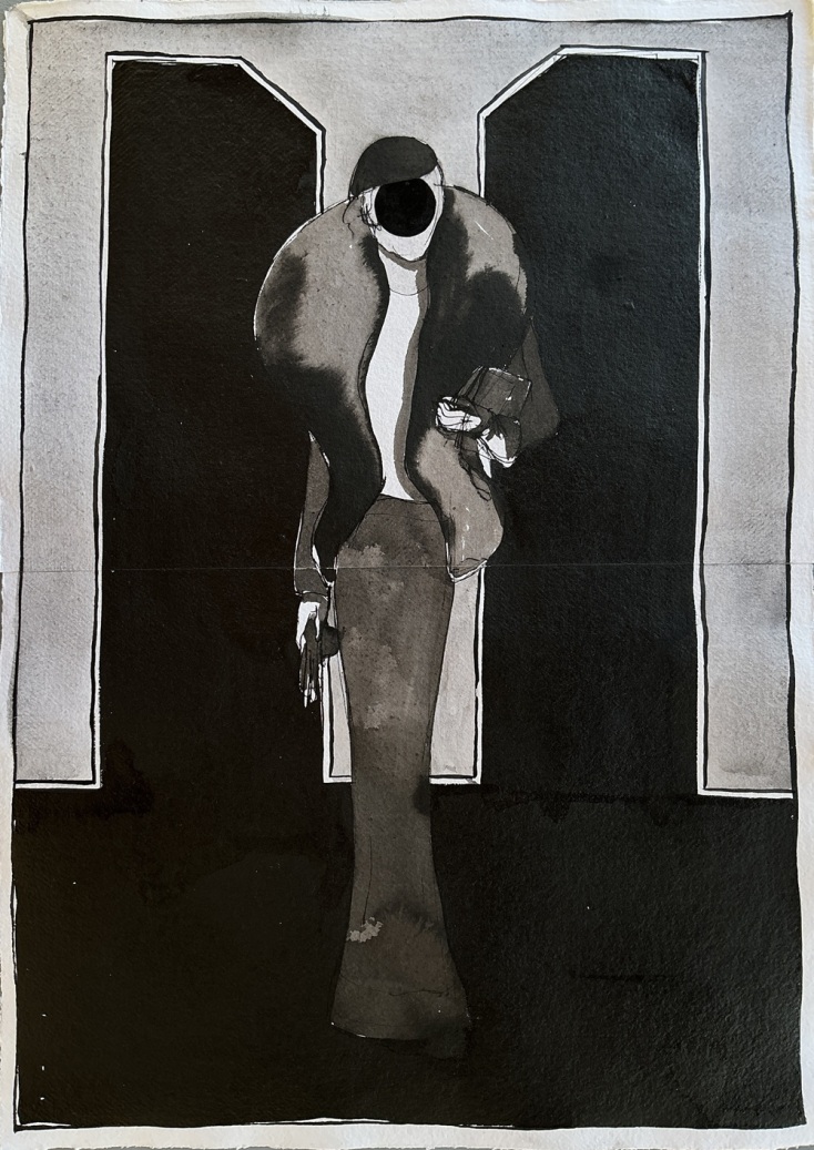 Βασίλης Παπατσαρούχας, ζωγραφική  μακέτα με σινική μελάνη σε χειροποίητο χαρτί για τον σκηνικό κόσμο της παράστασης «Εκείνος που έκλεψε τη μέρα και το πλήρωσε τη νύχτα»