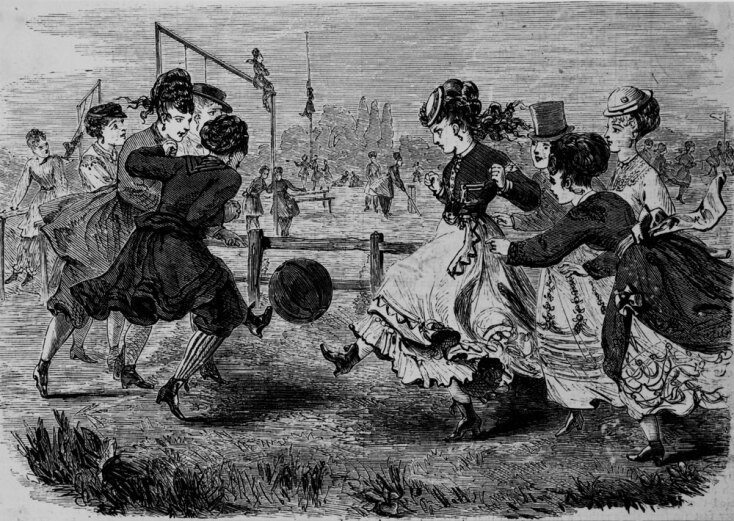 Ο Αθλητικός Σύλλογος Amazon, 1869 | Χαρακτικό με τίτλο «The Amazon Athletic Club», που απεικονίζει γυναίκες με βικτωριανή ενδυμασία να παίζουν ποδόσφαιρο. Χρησιμοποιήθηκε για να εικονογραφήσει άρθρο σχετικά με τα γυναικεία αθλήματα στο περιοδικό Harper’s Bazar, 1869