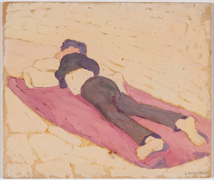 Σπύρος Παπαλουκάς, Ξαπλωμένο παιδί,1923 Λάδι σε χαρτόνι , 21 x 24,5 εκ. Συλλογή Ιδρύματος Εικαστικών Τεχνών και Μουσικής Β. &amp; Μ. Θεοχαράκη Photo credit: Δημήτρης Παπουτσάκης