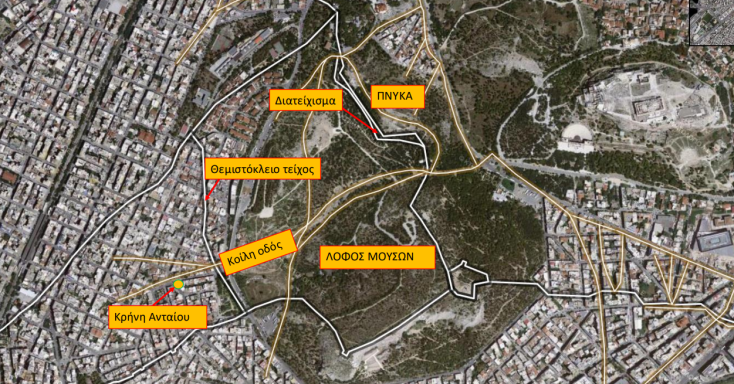 Η θέση της Κρήνης Ανταίου σε σχέση με γειτονικά μνημεία της Αρχαίας Αθήνας