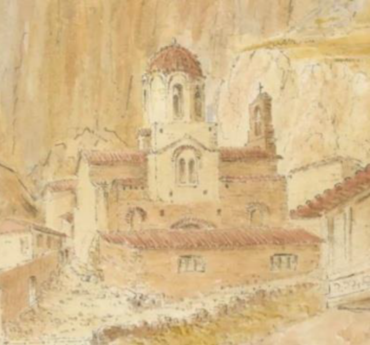 O I.N. Αγίου Νικολάου Ραγκαβά σε υδατογραφία του James Skene το 1844 στο Βρετανικό Μουσείο