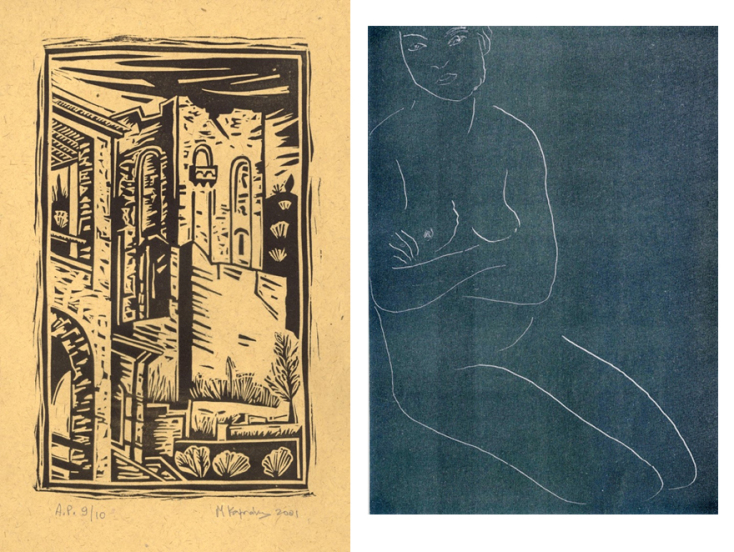 Αριστερά: Μάρκος Καμπάνης, λινόλεουμ, 2001. Δεξιά: H. Matisse, μονοτυπία, 1914.