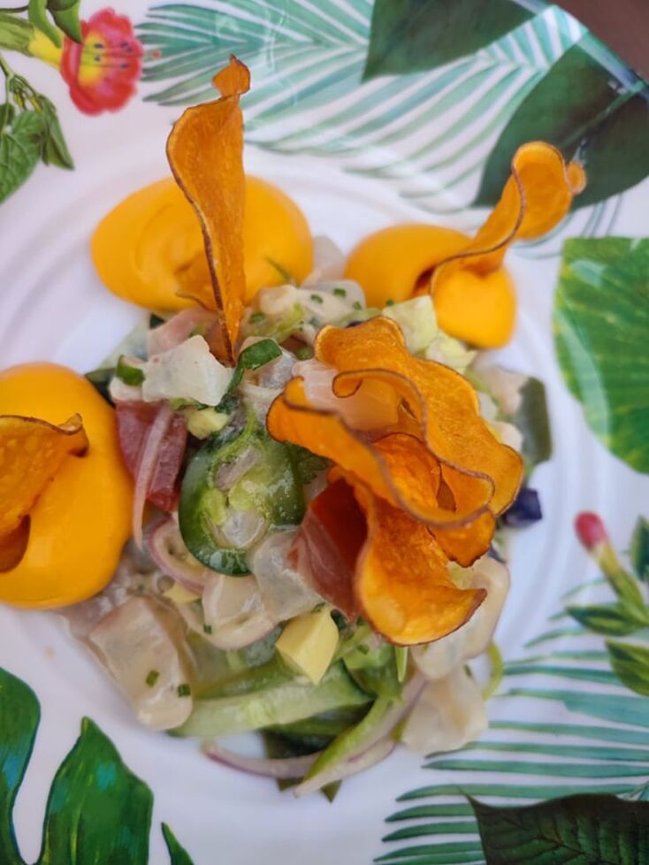 Ceviche με λευκό ψάρι ημέρας, γάλα του τίγρη, υφές γλυκοπατάτας και φύκια 